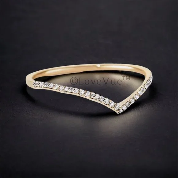 1mm Diamond Brilliant Cut Dainty Chevron Wedding Engagement Gold Band Ring - Picture 3 of 17